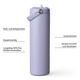 Vinsun Drinking Bottle Stainless Steel Purple 750 ml - Straw, Leak-Proof, Double-Walled Insulated, BPA Free - Lightweight Thermal Flask for Fitness, School, Office, Travel
