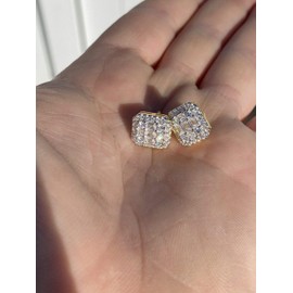 Real Solid 925 Sterling Silver - Men's Baguette Earrings - 14k Gold Plated - Iced CZ 10mm (0.4") Earrings Screw Back Aretes - Flooded Out