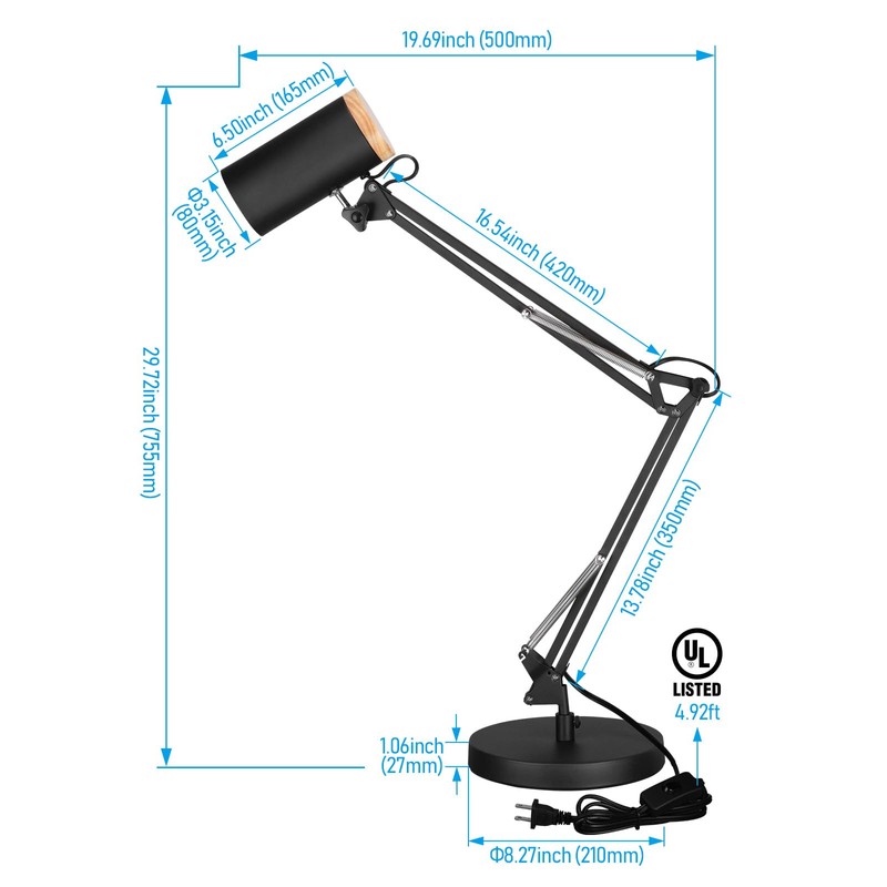 TORCHSTAR Tall Swing Arm Desk Lamp with Wooden Accent, Adjustable