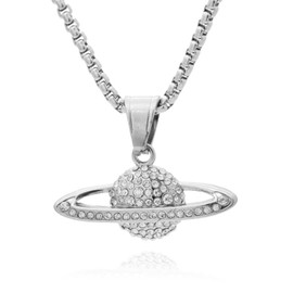 PEAS Fashion Jewelry Iced Out Stainless Steel Planet Pendant Saturn Necklace(Steel)