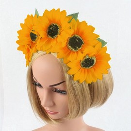 Women's Bohemian Simulated Chrysanthemum Blossoms Headband Wreath Holiday Headpiece Sunflower Headband Headpiece (Yellow, One size)