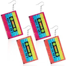 2 pairs 90s earings for Women Lightweight Retro Cassette Tape Dangle Earrings, Neon Earrings Party Vibrant Dangle, 90s Accessories