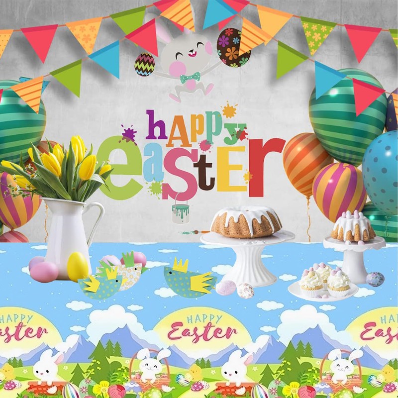 ZSTNPP Easter Table Cloth, 137x274cm Rectangular Plastic Waterproof Easter Tablecloth,