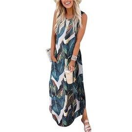 LRISES 2024 Womens Summer Sleeveless Maxi Dress Boho Leafs Print Casual Loose Split Pockets Beach Tank Long Dresses