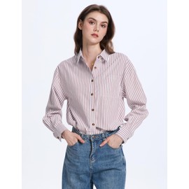 PEHMEA Women's Striped Button Down Shirts Long Sleeve Cotton Blouse with Pocket for Casual Office Daily(Brown-L)