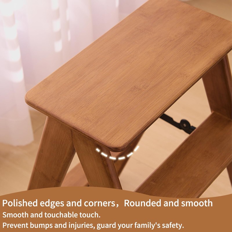 JIKUGO Foldable Step Stool Bamboo,3 Step Ladder with Wide Anti-Slip
