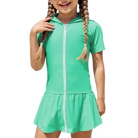 Girls Sun Protective Swim Cover Up Hooded with Full-Length Zipper Short Sleeve UPF 50+ Beach Dress Coverup