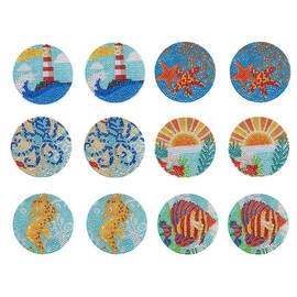Ideen mit Herz 12 Diamond Painting Coasters with Metal Stand | 12 Cork Coasters | Includes Diamonds & Tools | 29 Pieces (Maritime 02)