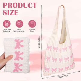 FYSUIMU Pink Bow Crochet Tote Bag Coquette Bowknot Aesthetic Beach Mesh Knitted Shoulder Bag for Women Summer Beach Shopping