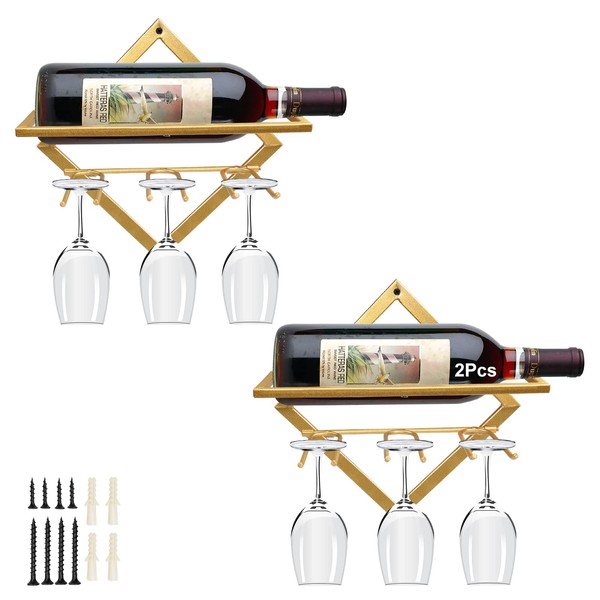 AUHOKY 2Pcs Metal Wall Mounted Wine Holder Stemware Glass Rack, Upgrade Collapsible Hanging Red Wine Racks Organizer with 3 Stem Glass Holders, Wine Bottle Display Hanger for Home Kitchen Bar Decor…