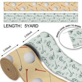 2 Rolls Golf Ribbon - 2.5 Inch x 5 Yards Each,Golf Balls & Tee Wired Edge Decorative Ribbon,Modern & Vintage Golf Theme for Gift Wrapping Father's Day Sports Party Decor Wreath DIY Crafts Bows Making