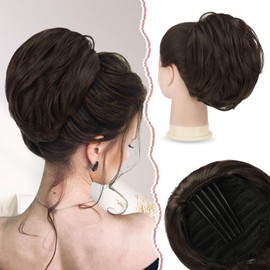 Sofeiyan Comb Bun Hairpiece Short Ponytail Hair Extension Natural Straight Synthetic Hairpieces Drawstring Ponytail Bun Extension with Comb for Women, Black Brown