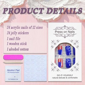 4th of July Press on Nails Independence Day Fake Nails Short Square with Star Designs Square False Nails Red Blue Glossy Reusable Artificial Nails Full Cover for Women Girls Nail Decorations 24 Pcs