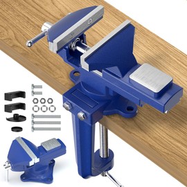 Shangyoyi 2-in-1 Bench Vise For Workbench 3.2"- Multi-functional Portable 360° Swivel Base Bench Clamp On Vice/Table Vise For Woodworking, Cutting Conduit, Drilling, Metalworking, Blue