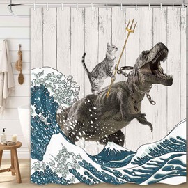 Boziqr Funny Cat Shower Curtain, Cool Cat Dinosaur Japanese Ocean Wave Decor Fabric Bathroom Curtains, Kids Children Rustic Wooden Farmhouse Shower Curtain, 70X70 Inches