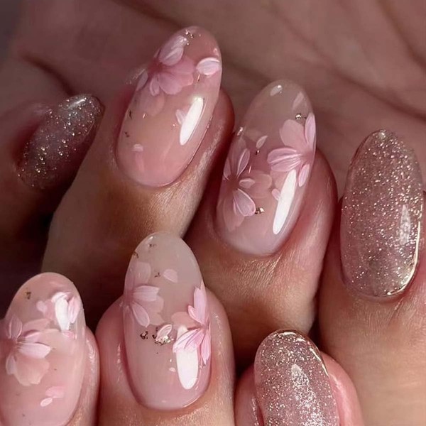 Almond Press on Nails Flower Fake Nails with Designs Pink