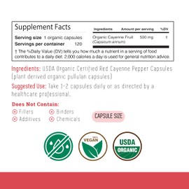 INCAS 100% USDA Organic Cayenne Pepper 120 Capsules (500mg) 45,000 SHU Traditional Digestion & Circulation Support Pure, No Additives & Fillers | 120 Servings