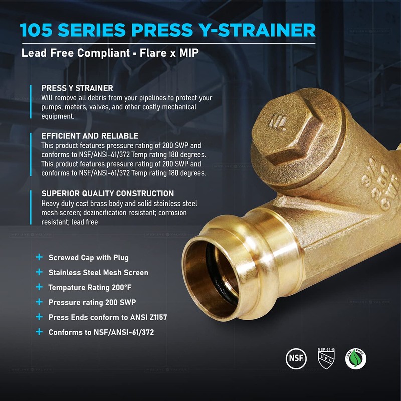 Midline Valve 327S034-NL Press Y-Strainer Valve, 3/4”, Brass