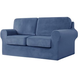 XSlive 5 Pieces Velvet High Stretch Sofa Covers for 2 Cushion Couch Sofa Slipcovers, Washable Furniture Protector with Drawstring Anti Slip Bottom, Soft and Plush Fabric for Kids and Pet (Dark Blue)