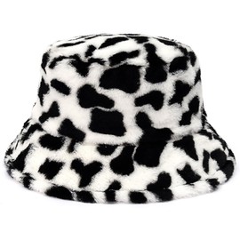 Malaxlx Women's Plush Fishing Hat Winter Hat Fluffy Bucket Hat Warm Fishing Hat, Cow print.