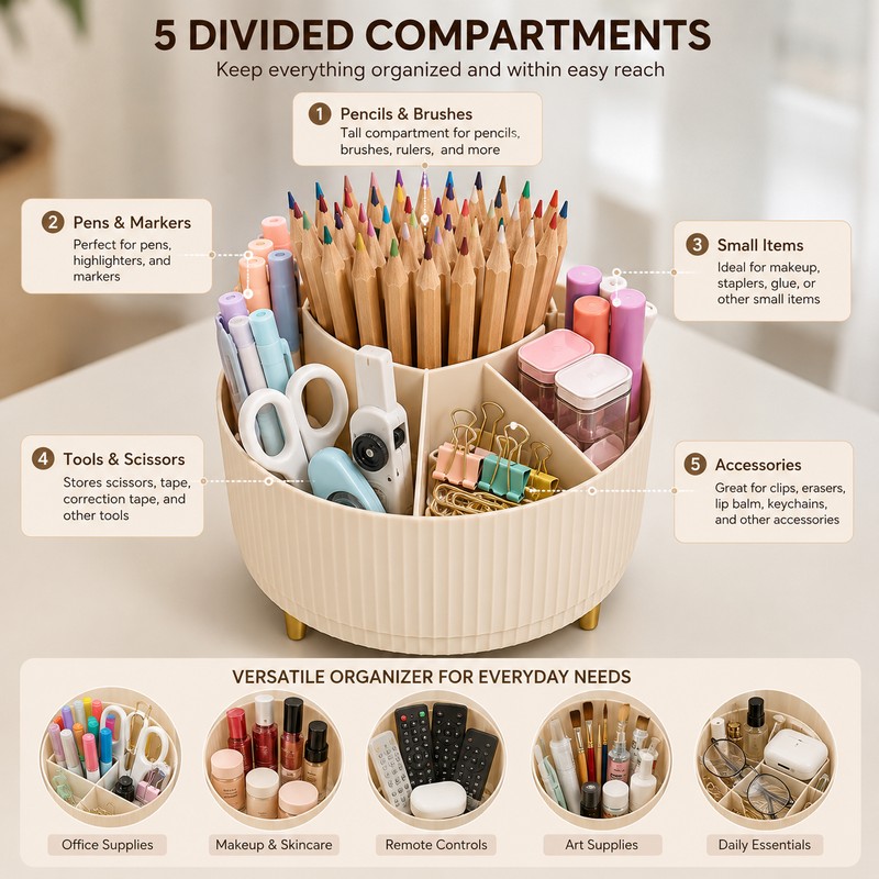 360° Rotating Desk Organizer for Office & Vanity – Multi-Purpose