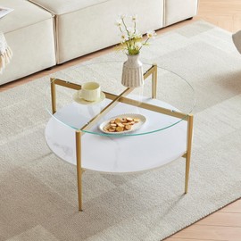 Shrine Modern Coffee Table with Glass Top, Round Table for Living Room, Two-Tier 30-Inch White Wooden Storage Coffee Table, Gold Table Legs Structure & Clear Glass Top