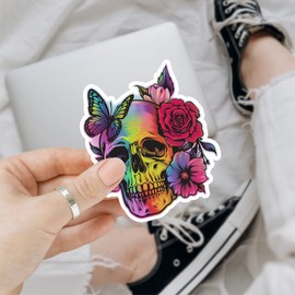 (3Pcs) Butterfly Rose Skull Holographic Vinyl Sticker, Glitter Skull Stickers, Skull Sticker, Skull with Flowers Sticker - Stickers for Laptop Water Bottle Phone Car Window Helmet 3"