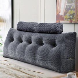 YOUR MOON Wedge Headboard Pillow Queen with 2 Pack Neck Roll Pillows, Triangular Wedge Backrest Pillow Headboard for Bed,Daybed,and Lounging, Large Bed Bolster Pillows,Dark Gray