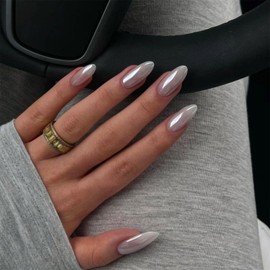 30 Pcs Chrome Press on Nails White Solid Color False Nails Medium Almond Glossy Glue on Nails Acrylic Artificial Fake Nails for Women Girls