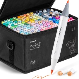 Ohuhu Alcohol Markers 168-color Double Tipped Brush & Fine- Refillable Markers