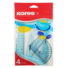Kores - Geo15: 4 Piece Math Set for Students, Plastic Geometry Set with Ruler, Protractor and Drawing Triangle, School Supplies, Set in Assorted Colours