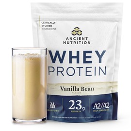 Ancient Nutrition Grass Fed Whey Protein, 23g Protein, Hydrolyzed Collagen Peptides, Organic Regenerative A2/A2 Milk Protein (35 Servings, Vanilla Bean)