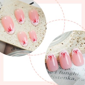 White French Tip False Nails with Red Bow Glue on Nails Medium Oval Press on Nails Glossy Artificial Acrylic Nails Reusable Fake Nails for Women Girls Stick on Nails