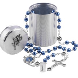 HanlinCC 6mm Glass Pearl Beads with Rose Flower Our Father Beads Miraculous Catholic Rosary Necklace with Rose Metal Catholic Gift Box for Men and Women (Blue Miraculous Rosary)