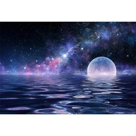 AOFOTO Polyester 5x3ft Night Sky Galaxy Backdrop Full Moon Rise Over The Sea Dreamly Nebula and Ocean Background for Photography Universe Stars Birthday Baby Shower Decor Portrait Photo Studio Props