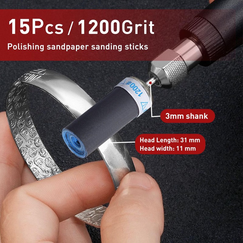 15Pcs 1200 Grit Sanding Drums Sandpaper Sticks Set with 1/8"(3mm)