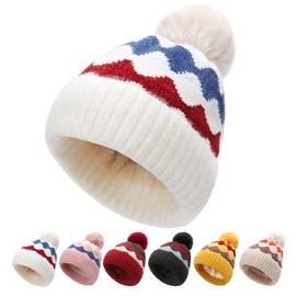 Bobble Hat Women - Fleece Lined Beanie Hats Ladies Winter Thermal Knitted Wooly Hats with Pom Pom White
