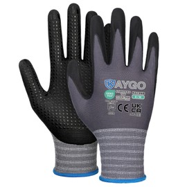 KAYGO Work Gloves with Grip Dots on Palm for Anti-Slip 3 Pairs, KG19N, MicroFoam Nitrile Coated Light Oil Compatible, Seamless Knit Nylon Safety Work Gloves for Warehouse, Automotive, DIY (Grey, M)
