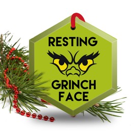 Resting Grinch Face Funny Beveled Glass Christmas Ornament