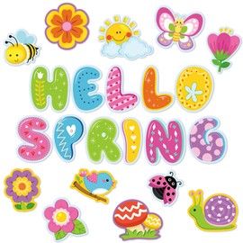 Hello Spring Cut-Outs Spring Flower Cut Outs Bulletin Board Decoration with 100 Pcs Glue Points for School Classroom Game Party Supplies (Spring Style, 44 Pcs)
