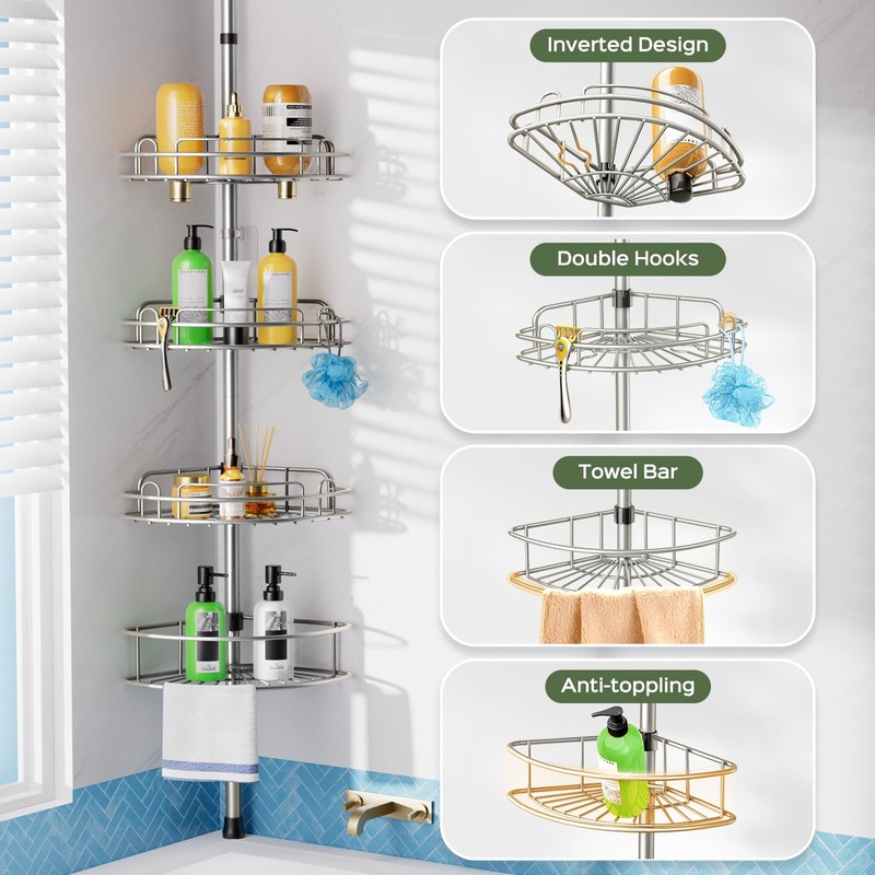 HAMITOR Shower Caddy Tension Pole: 4-Tier Rustproof Bathroom Corner Shelf