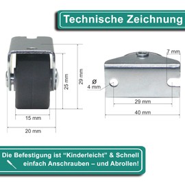 PRIOstahl Box Trestle Castors, Furniture Castors, Fixed Castors, Transport Castors, Bed Box Castors - 25 mm x 4 Pieces Castors for Bed Box Drawer TPE Wheels with Screw-On Plate