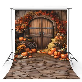 AIBIIN 5x7ft Fall Photography Backdrop Autumn Pumpkin Barn Maple Leaf Wooden Door Background Thanksgiving Kids Birthday Portrait Decor Studio Prop Supplies