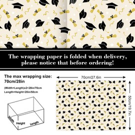 JarThenaAMCS 8 Sheets Graduation Wrapping Paper -Not Roll- Black Gold Gift Wrap Paper Folded Flat Grad Cap Star Craft Paper for Congrats Grad Party Supplies, 19.7 x 27.6 Inch