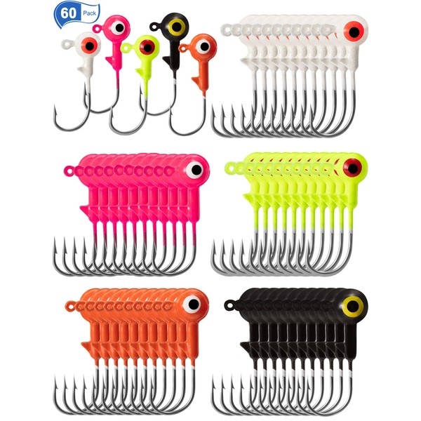 60 Pieces Fishing Lures Jig Heads Ball Head Fishing Hooks Round Ball Head Jigs with Double Eyes for Freshwater or Saltwater (1/16 oz)