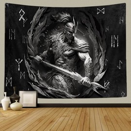 Xiaoput Viking Decor Tapestry, Warrior Sword Black and White Ancient Art Wall Tapestry, Nordic Meditation Runes for Men Bedroom Gothic Room Dorm Decor 60x40 in