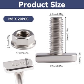 20 Piece Hammer Head Screws Set, T Screws with Locking Tooth Nuts M8 x 20 mm, Stainless Steel A2-70 Flange Nuts M8 Screws, Hammer Head Screw for PV Solar Mounting Rails, Groove Rail, Greenhouse