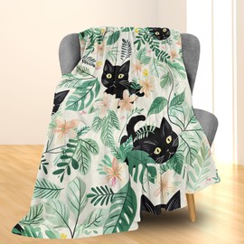 Ti Caldi Black Cat Blanket - Ultra Soft, Fluffy, Lightweight Flannel Throw Blankets for Couch, Bed, Travel, Outdoor - Cozy, Fuzzy Home Decor - Cute Cat and Floral Design 60×50 in