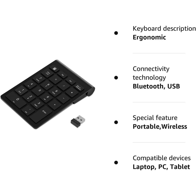 Wireless Numeric Keypad, 2.4GHz Portable Number Pad with USB Receiver,