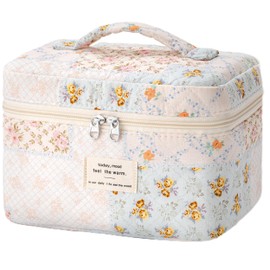 HBselect Quilted Makeup Bag, Portable Cotton Large Travel Makeup Bag, Cute Coquette Patchwork Floral Cosmetic Bags Toiletry Bags for Women Teen Girls Mom